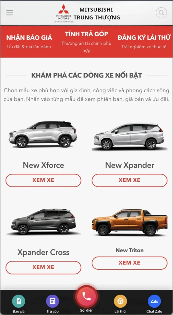 Giao diện website bán ô tô Mitsubishi Trung Thượng trên điện thoại