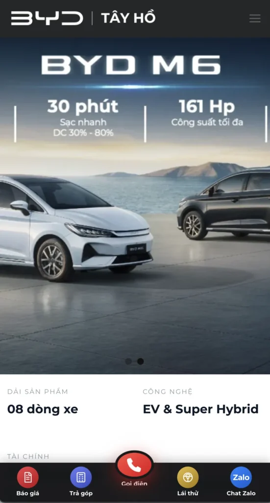 Giao diện website bán ô tô BYD Tây Hồ trên điện thoại