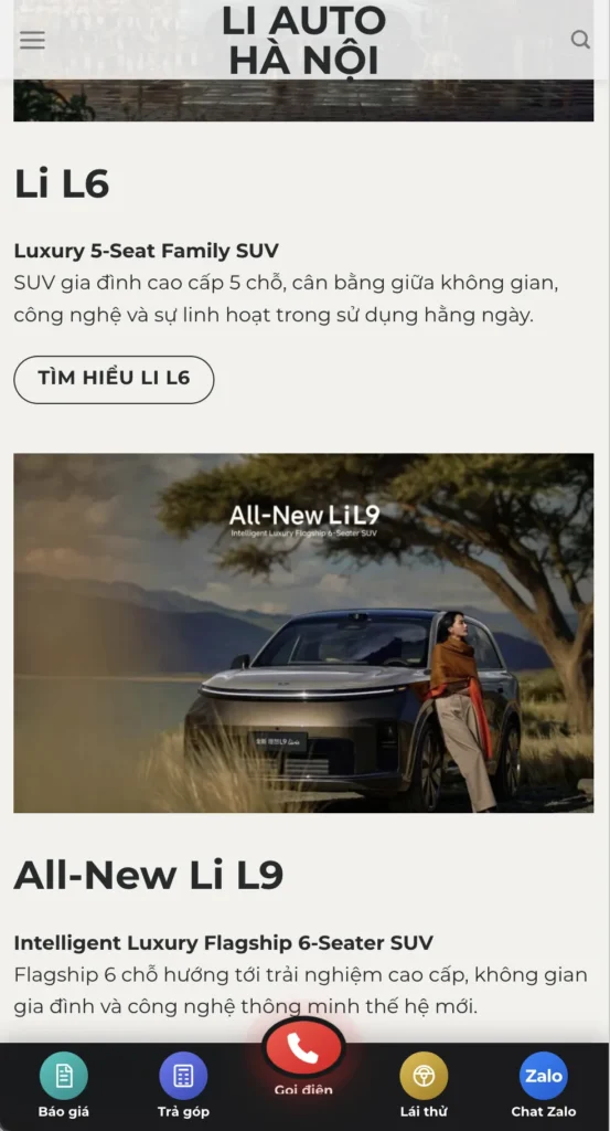 Giao diện website bán ô tô Li Auto Hà Nội trên điện thoại