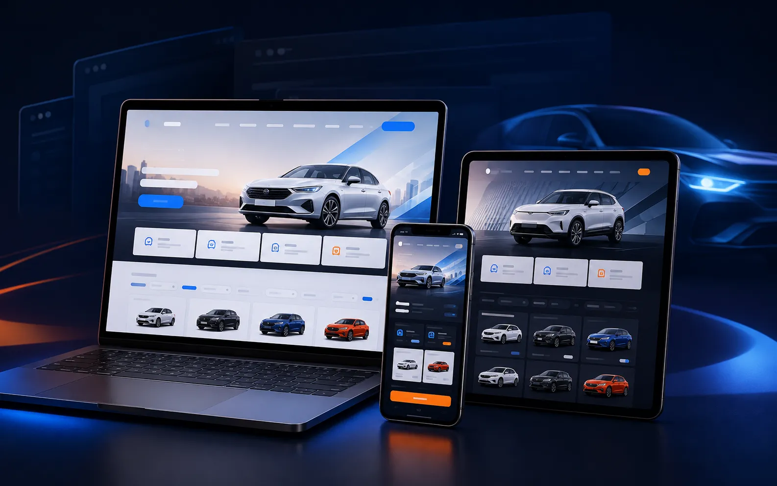 Website cho sale ô tô hiển thị trên laptop, máy tính bảng và điện thoại